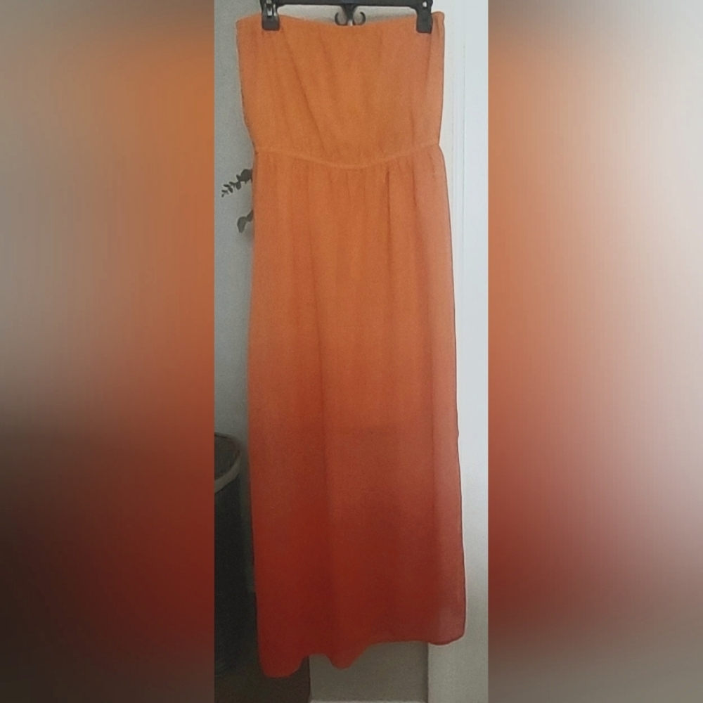 Orange To Pink Ombre' Strapless Maxi Dress Size L